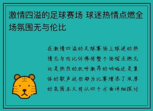 激情四溢的足球赛场 球迷热情点燃全场氛围无与伦比