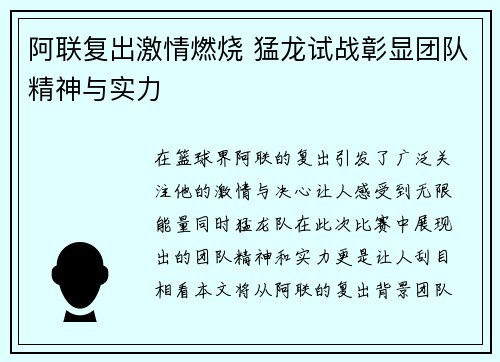 阿联复出激情燃烧 猛龙试战彰显团队精神与实力