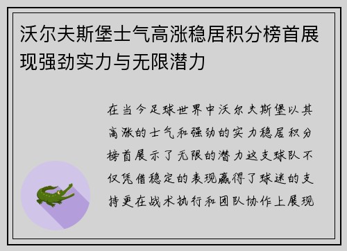 沃尔夫斯堡士气高涨稳居积分榜首展现强劲实力与无限潜力