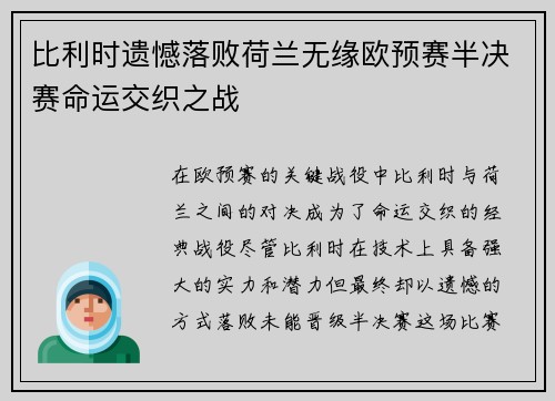 比利时遗憾落败荷兰无缘欧预赛半决赛命运交织之战