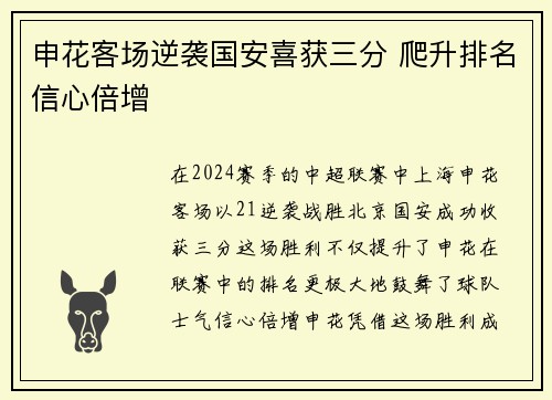 申花客场逆袭国安喜获三分 爬升排名信心倍增