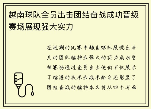越南球队全员出击团结奋战成功晋级赛场展现强大实力