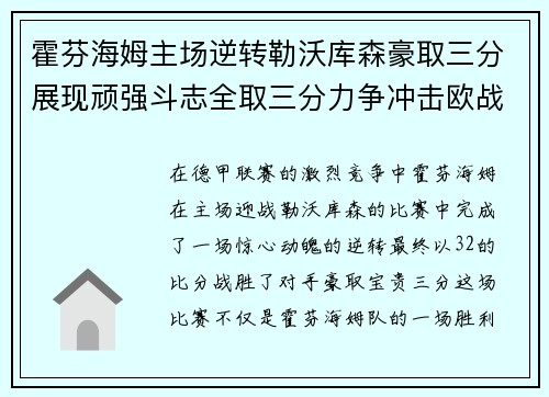 霍芬海姆主场逆转勒沃库森豪取三分展现顽强斗志全取三分力争冲击欧战资格