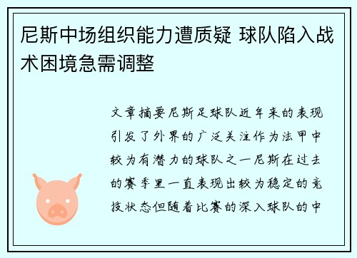 尼斯中场组织能力遭质疑 球队陷入战术困境急需调整