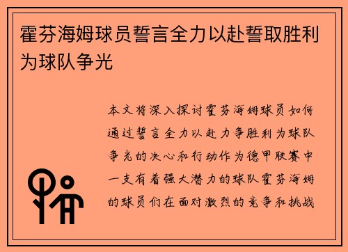 霍芬海姆球员誓言全力以赴誓取胜利为球队争光