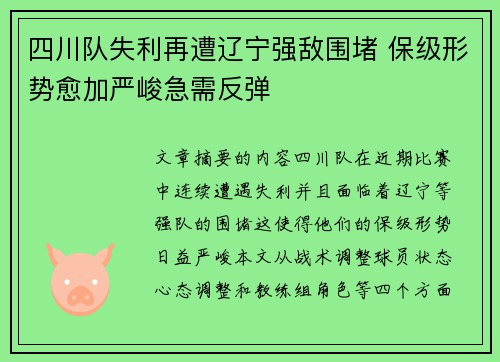 四川队失利再遭辽宁强敌围堵 保级形势愈加严峻急需反弹