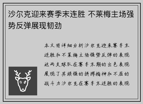 沙尔克迎来赛季末连胜 不莱梅主场强势反弹展现韧劲