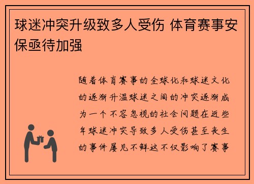 球迷冲突升级致多人受伤 体育赛事安保亟待加强