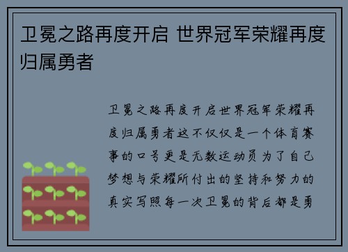 卫冕之路再度开启 世界冠军荣耀再度归属勇者
