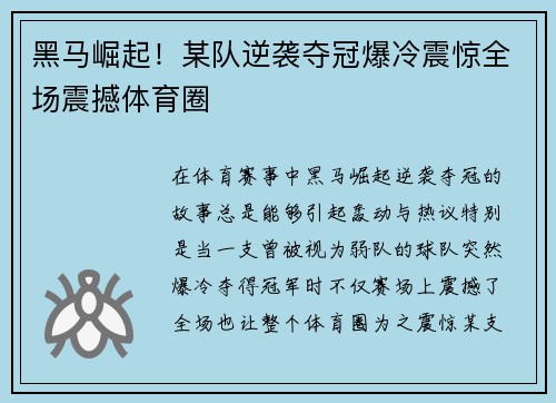黑马崛起！某队逆袭夺冠爆冷震惊全场震撼体育圈